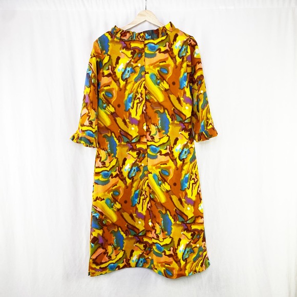 Vintage 70's Dress Abstract Ruffle Watercolor Yellow Quarter Sleeve Approx 12 - Picture 2 of 6